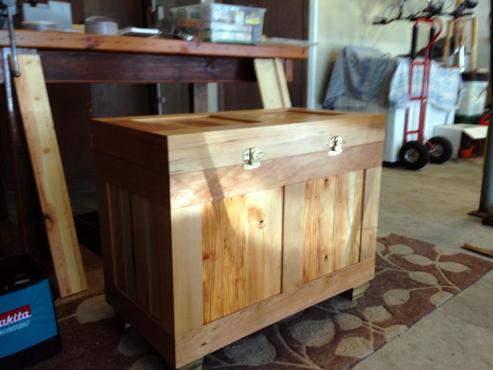 Storage chest with paneled sides and brass latches