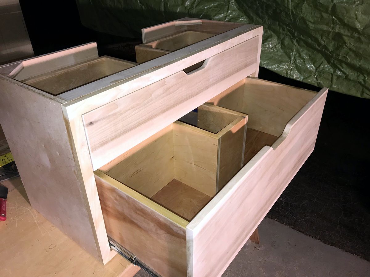Vanity cabinet under construction in the shop