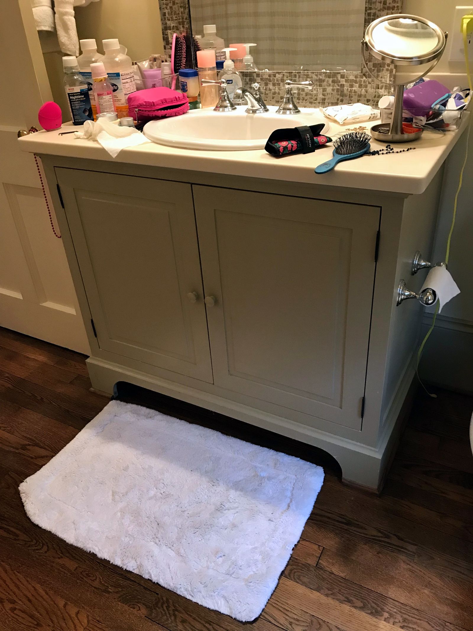 Painted bathroom vanity with wood drawers